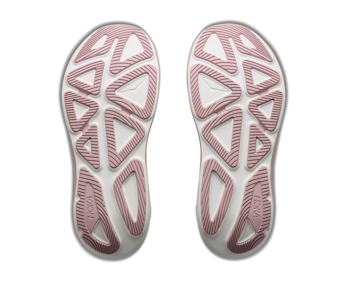 Women's HOKA Clifton Pro in Alabaster/Pink Opal, outsole view.