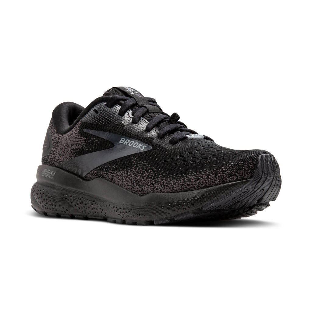 Women's Brooks Ghost 16 GTX. Black upper. Black midsole. Lateral view.