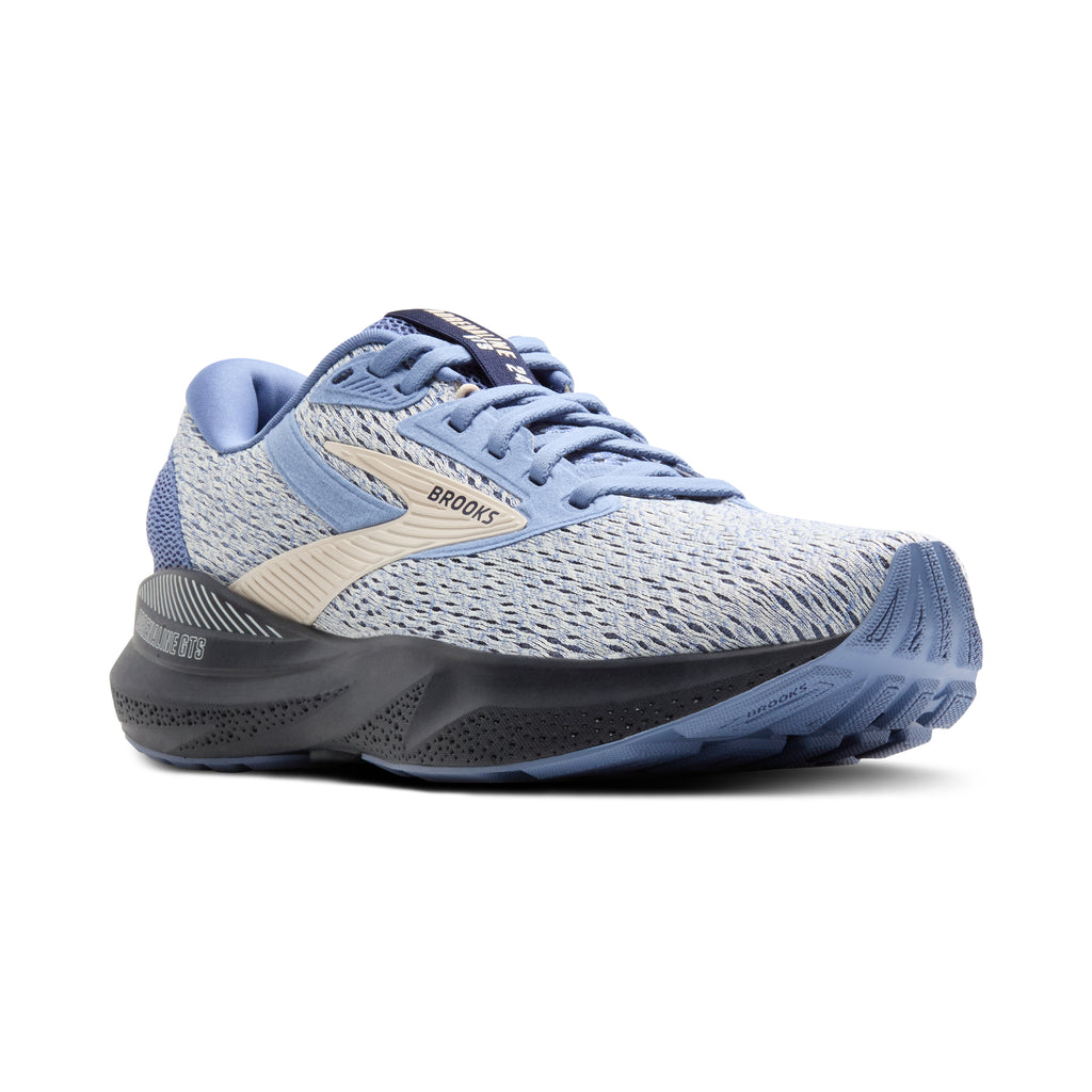 Women's Brooks Adrenaline GTS 24. Blue upper. Black midsole. Lateral view.