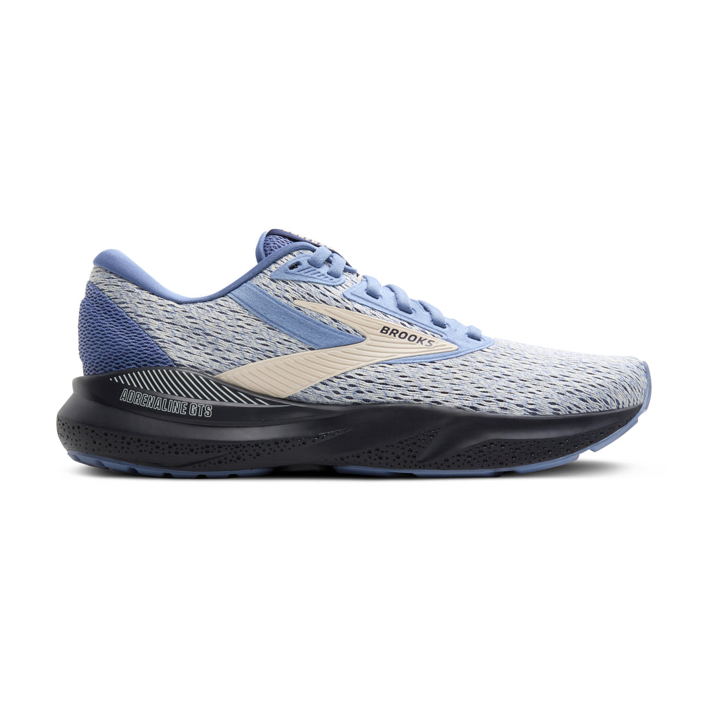 Women's Brooks Adrenaline GTS 24. Blue upper. Black midsole. Lateral view.