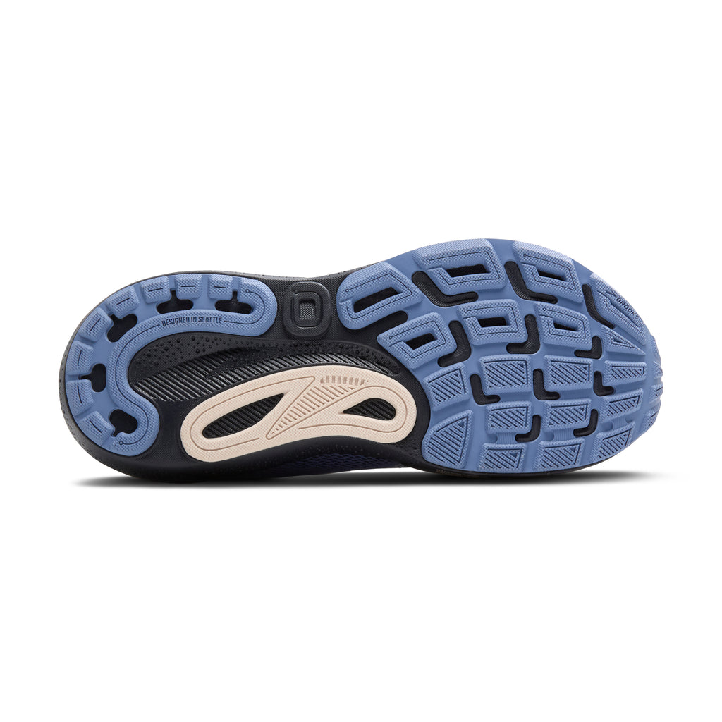 Women's Brooks Adrenaline GTS 24. Blue upper. Black midsole. Bottom view.