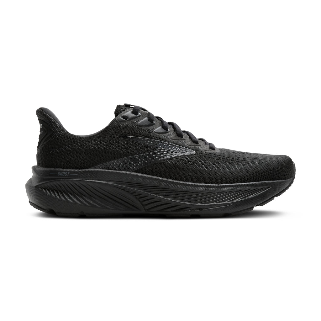 Women's Brooks Ghost 17. Black upper. Black midsole. Lateral view.