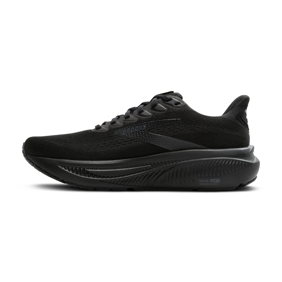 Women's Brooks Ghost 17. Black upper. Black midsole. Medial view.