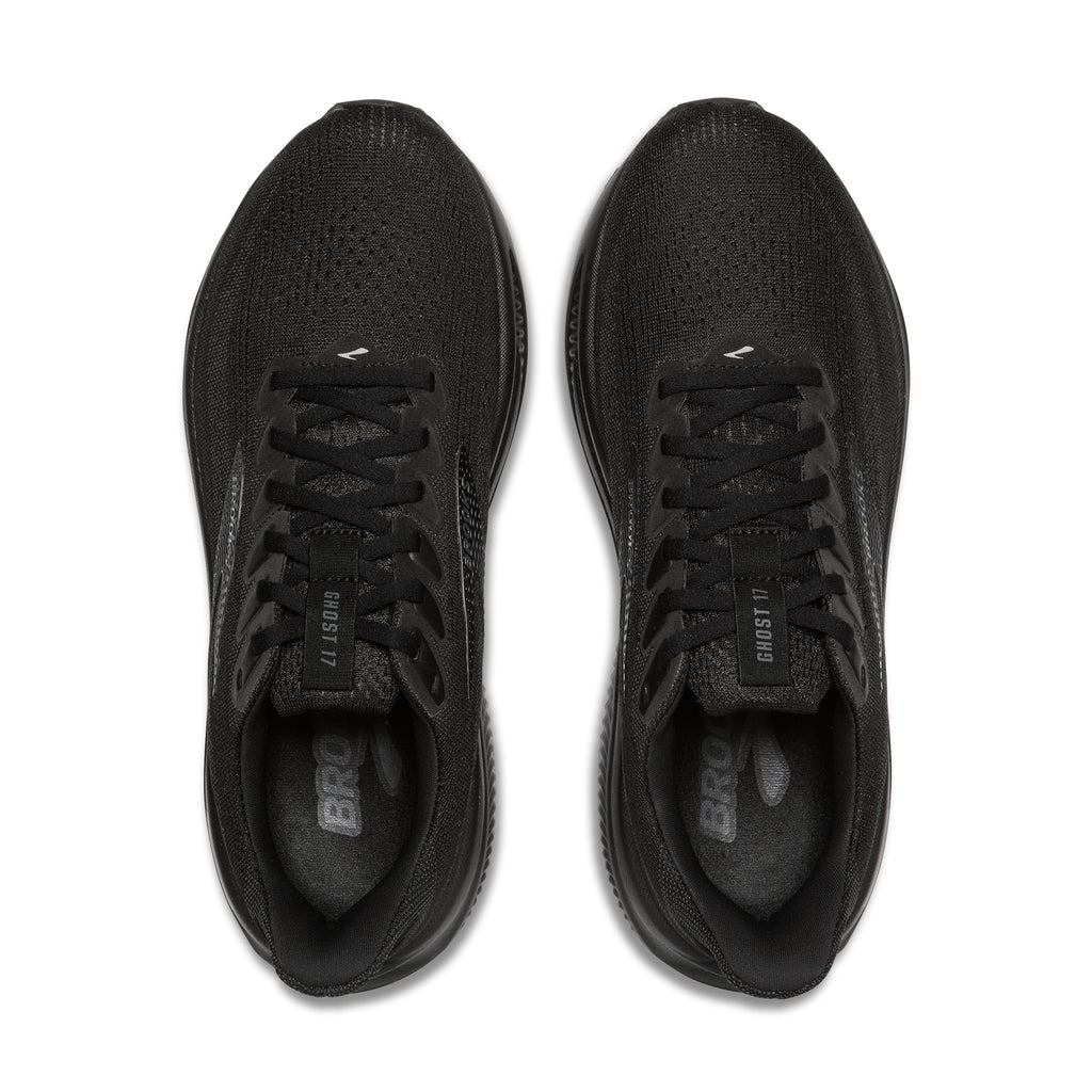 Women's Brooks Ghost 17. Black upper. Black midsole. Top view.