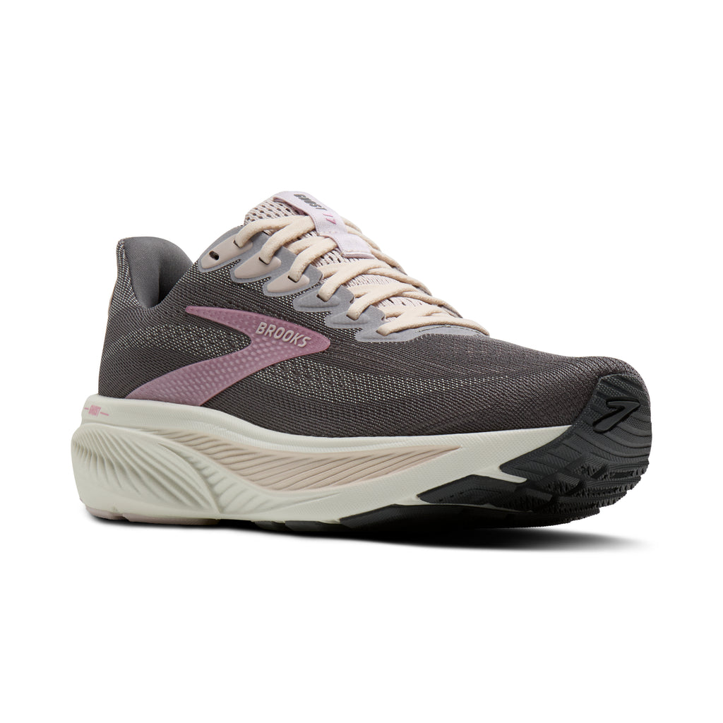 Women's Brooks Ghost 17. Grey upper. Off White midsole. Lateral view.