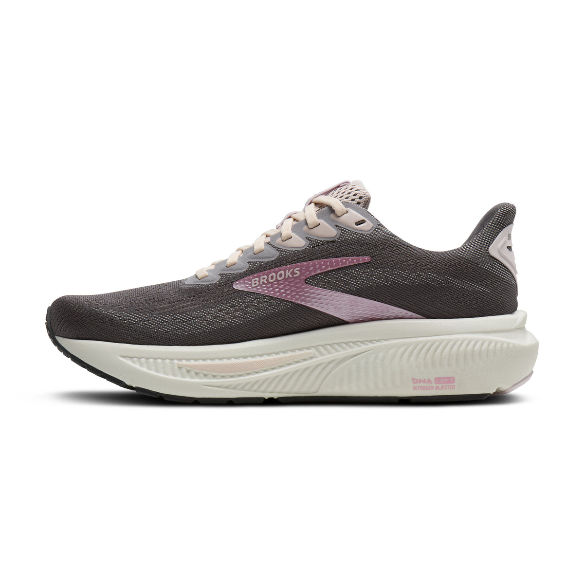 Women's Brooks Ghost 17. Grey upper. Off White midsole. Medial view.