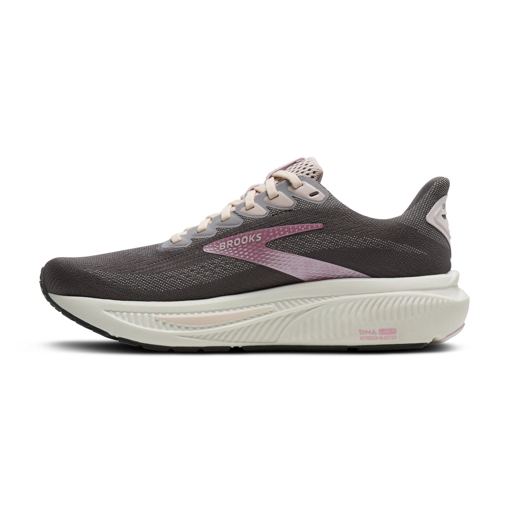 Women's Brooks Ghost 17. Grey upper. Off White midsole. Medial view.