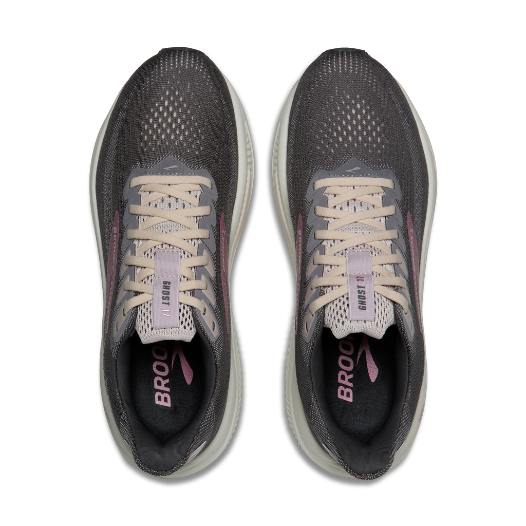 Women's Brooks Ghost 17. Grey upper. Off White midsole. Top view.