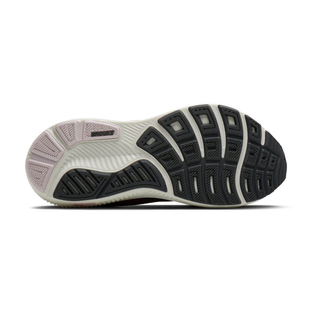 Women's Brooks Ghost 17. Grey upper. Off White midsole. Bottom view.