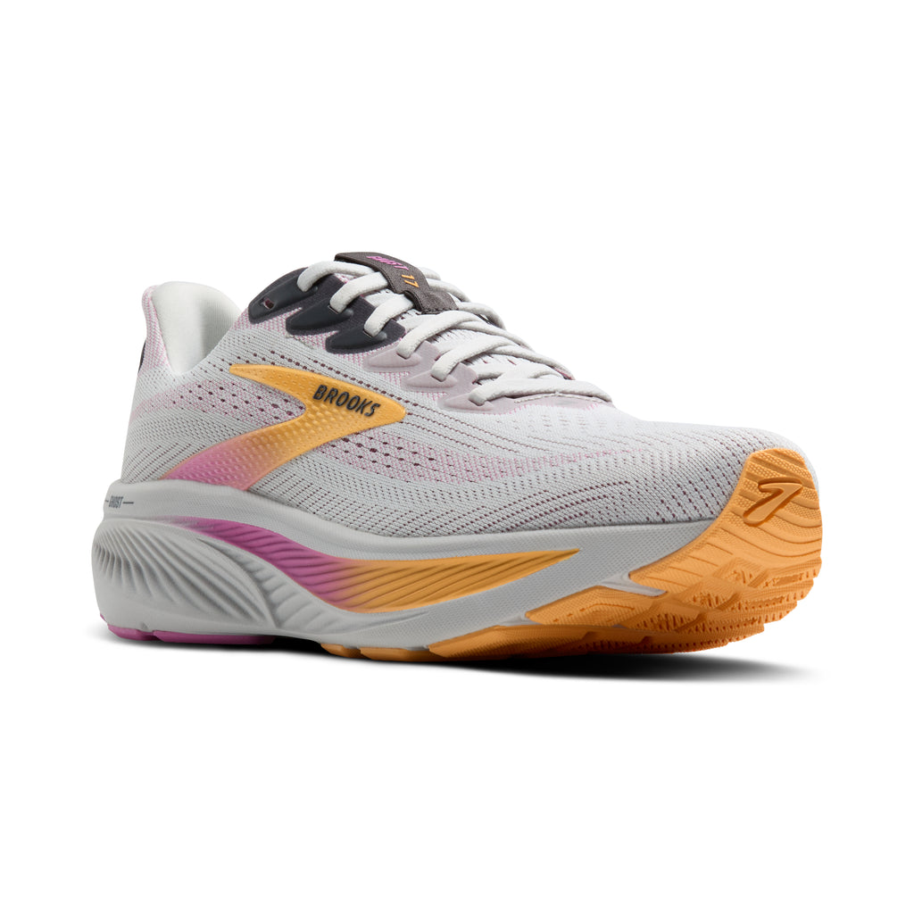 Women's Brooks Ghost 17. Grey upper. Grey midsole. Lateral view.