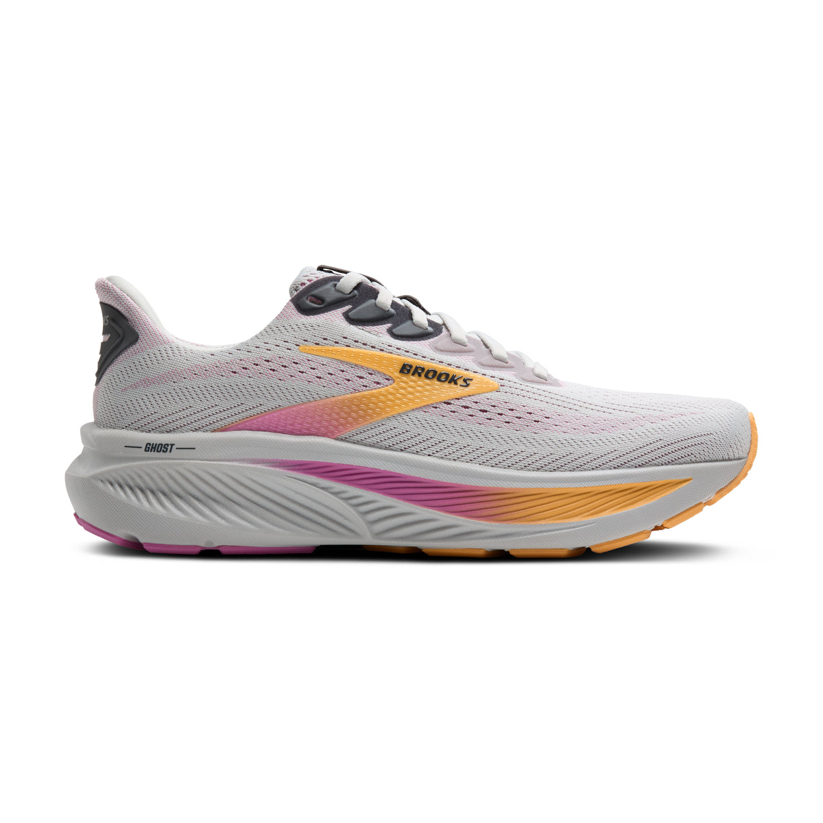 Women's Brooks Ghost 17. Grey upper. Grey midsole. Lateral view.