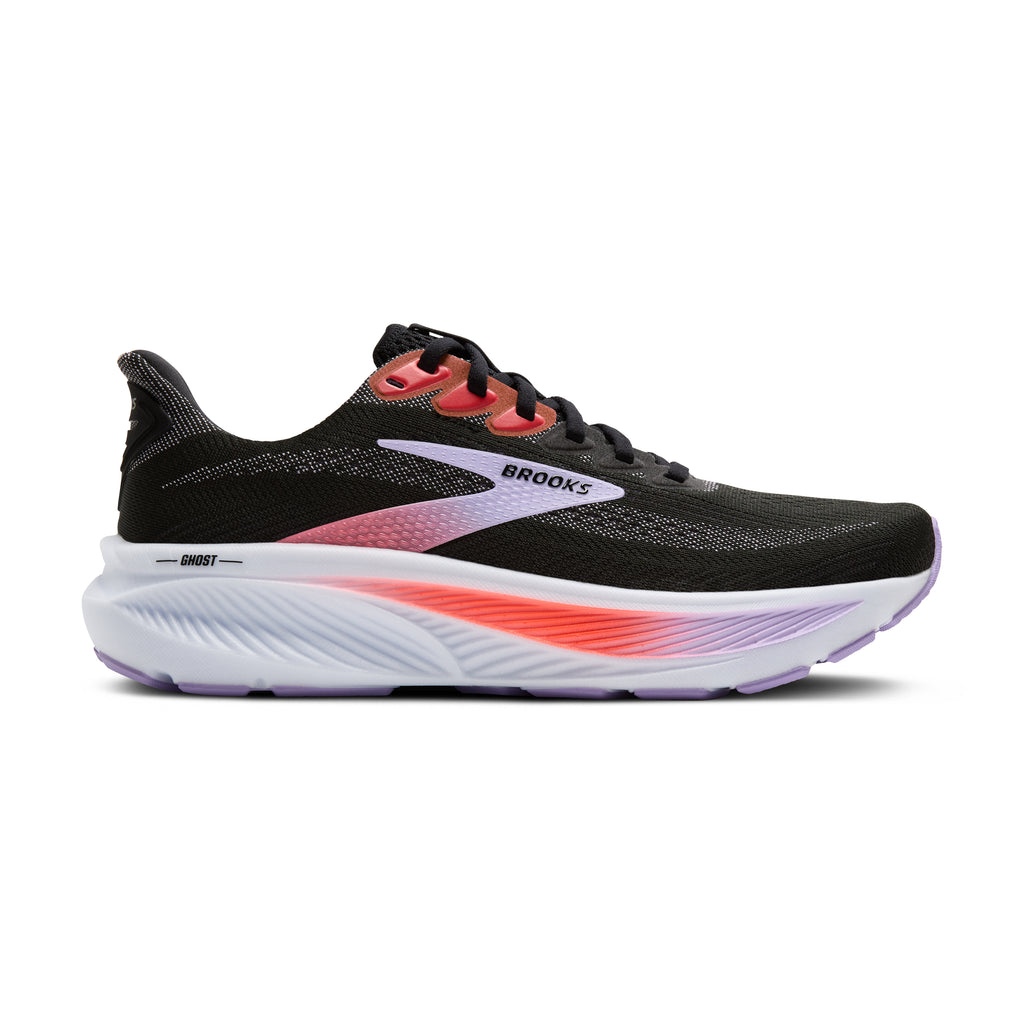 Women's Brooks Ghost 17. Black upper. White midsole. Lateral view.