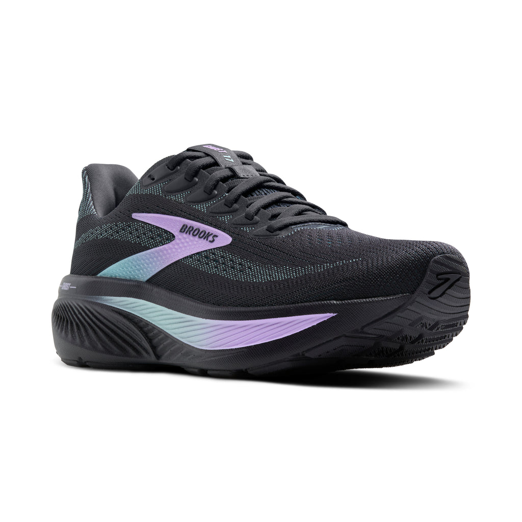 Women's Brooks Ghost 17. Black upper. Black midsole. Lateral view.