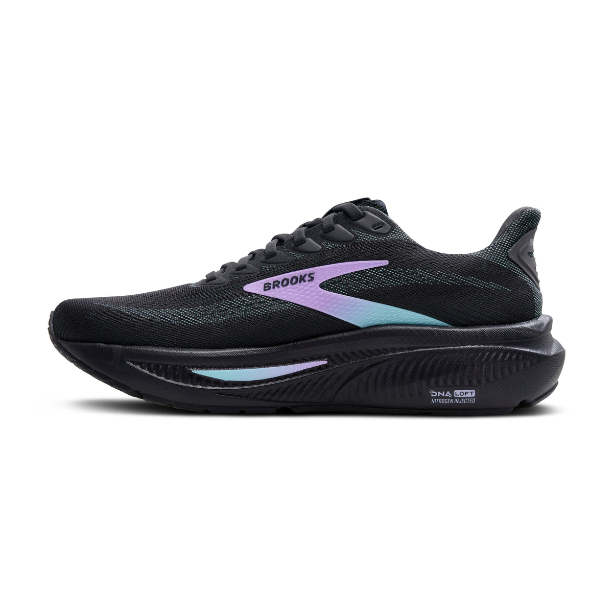 Women's Brooks Ghost 17. Black upper. Black midsole. Medial view.