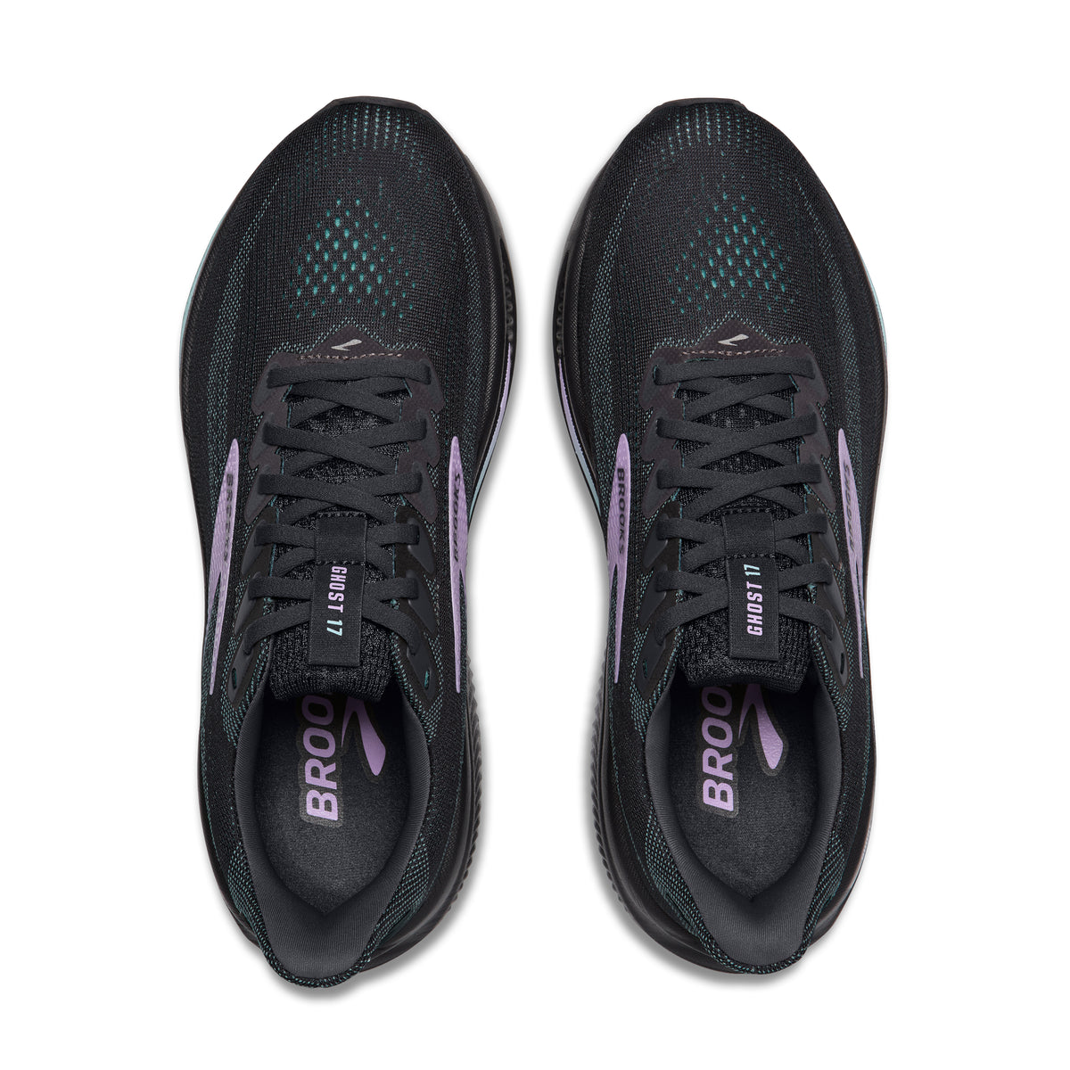 Women's Brooks Ghost 17. Black upper. Black midsole. Top view.