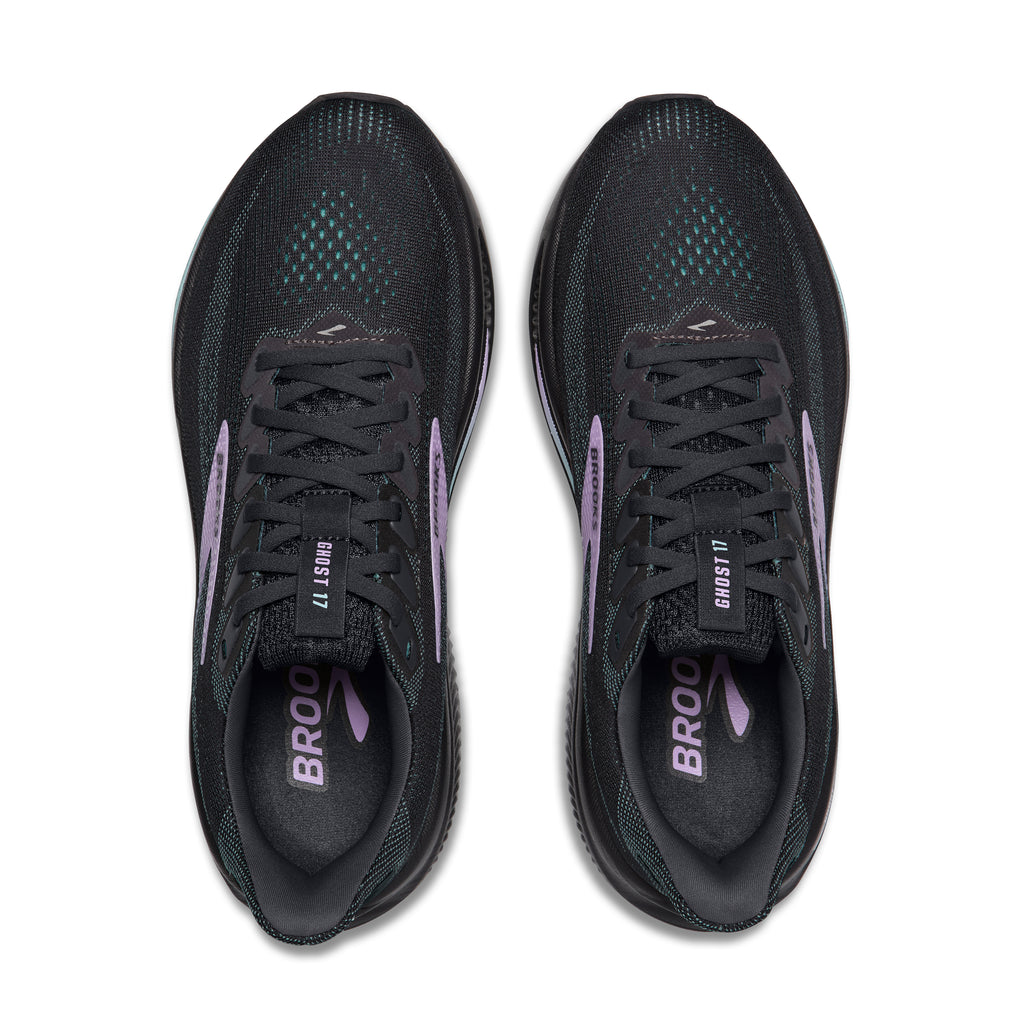 Women's Brooks Ghost 17. Black upper. Black midsole. Top view.