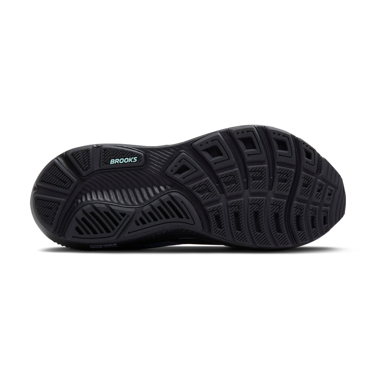 Women's Brooks Ghost 17. Black upper. Black midsole. Bottom view.