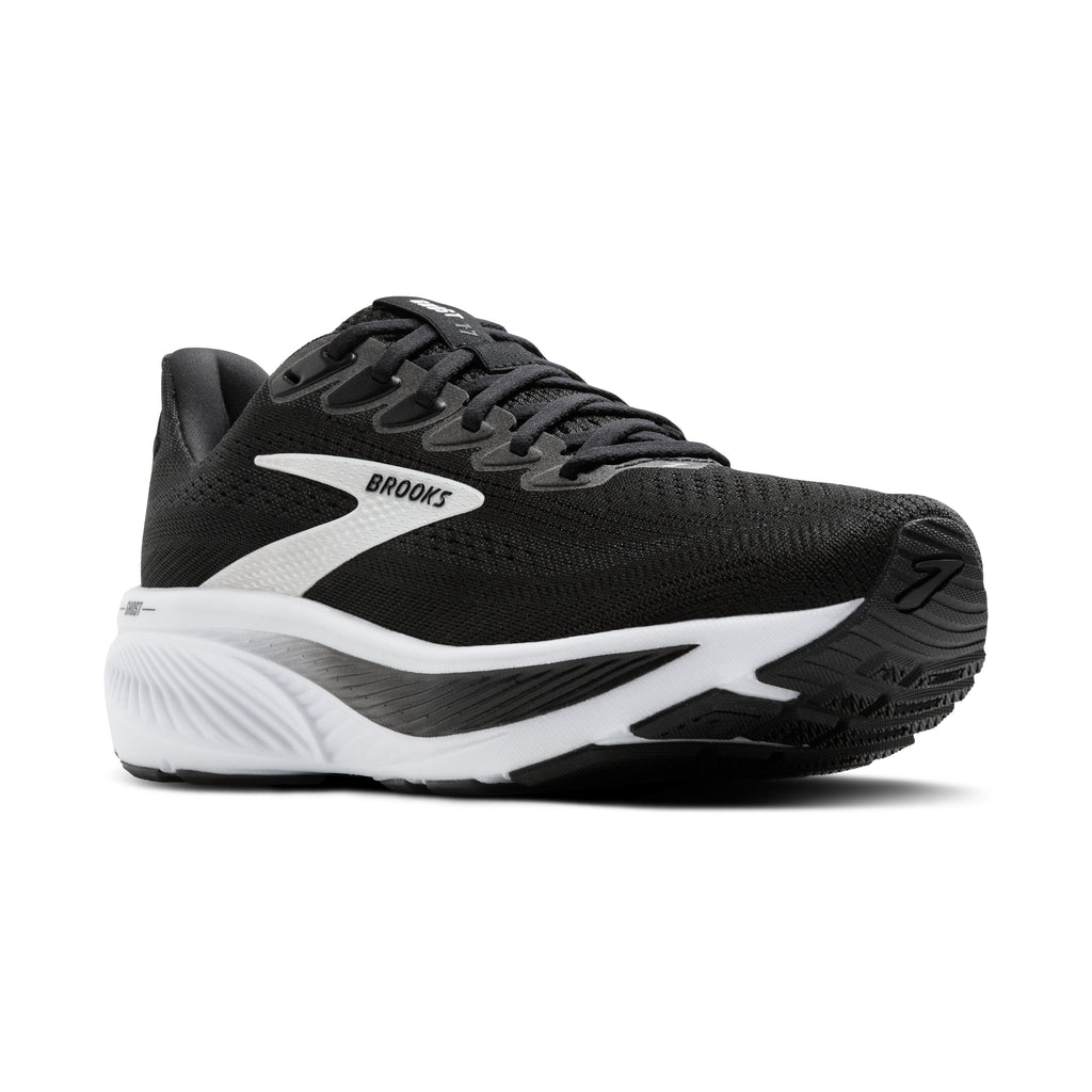 Women's Brooks Ghost 17. Black upper. White midsole. Lateral view.