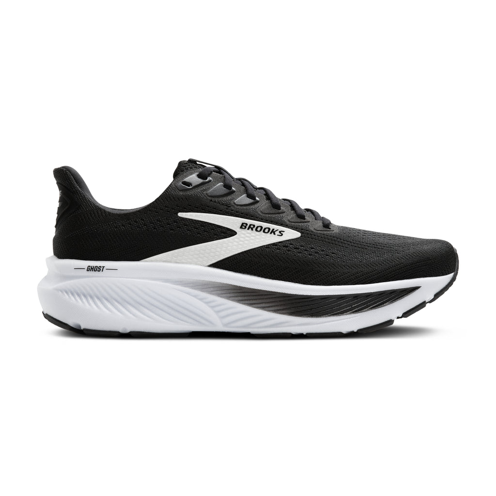 Women's Brooks Ghost 17. Black upper. White midsole. Lateral view.