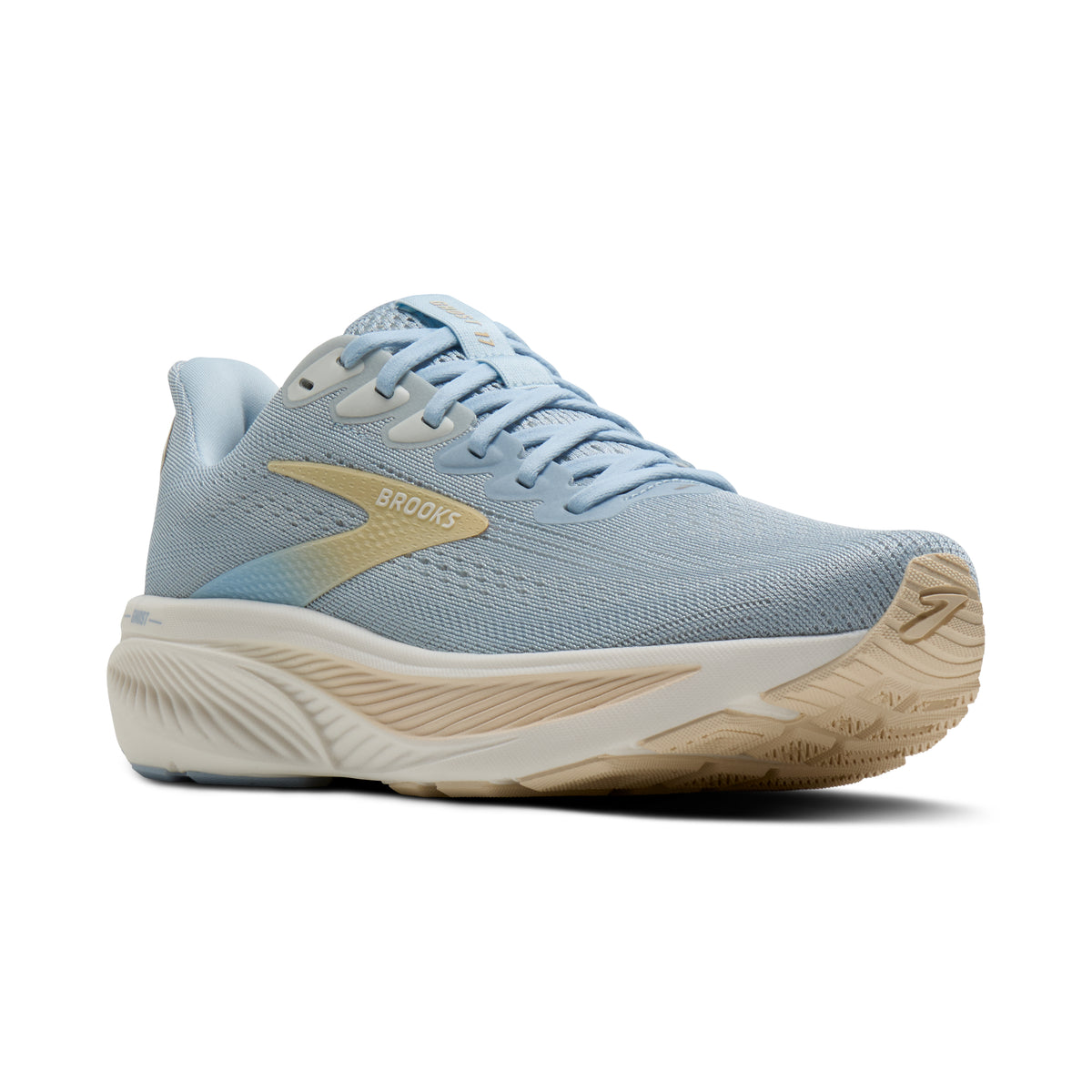 Women's Brooks Ghost 17. Light blue upper. Tan and white midsole. lateral view.