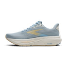 Women's Brooks Ghost 17. Light blue upper. Tan and white midsole. Medial view.