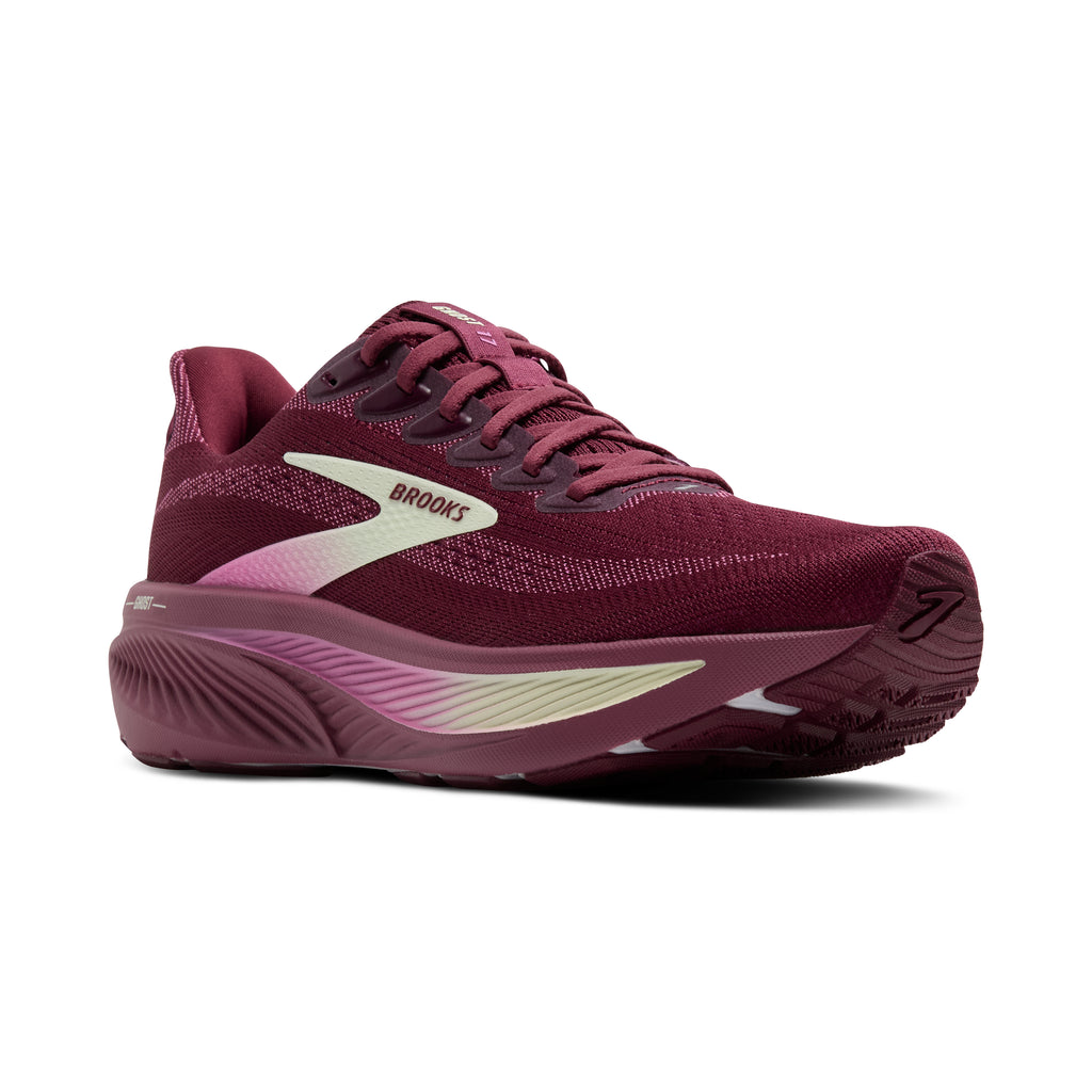 Women's Brooks Ghost 17. Dark Red upper. Dark Red midsole. Lateral view.
