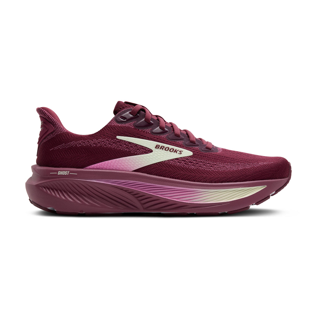 Women's Brooks Ghost 17. Dark Red upper. Dark Red midsole. Lateral view.