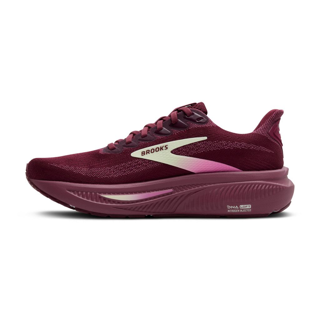 Women's Brooks Ghost 17. Dark Red upper. Dark Red midsole. Medial view.