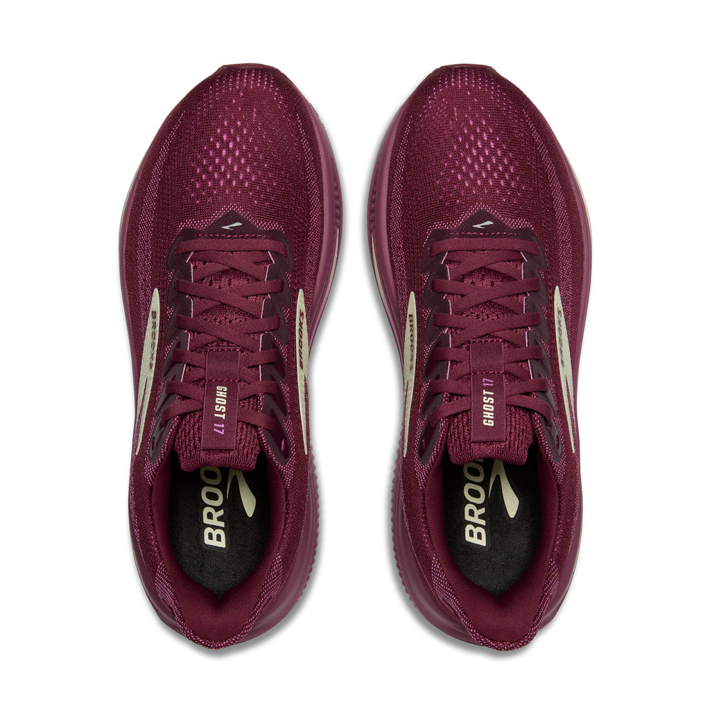Women's Brooks Ghost 17. Dark Red upper. Dark Red midsole. Top view.
