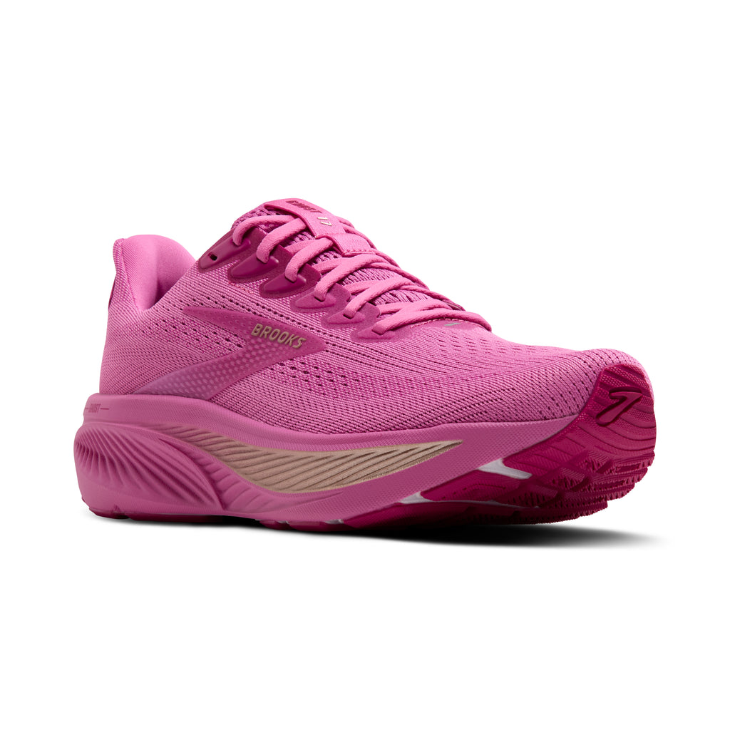 Women's Brooks Ghost 17. Pink upper. Pink midsole. Lateral view.