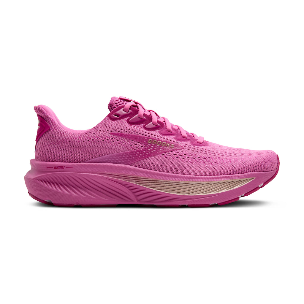Women's Brooks Ghost 17. Pink upper. Pink midsole. Lateral view.