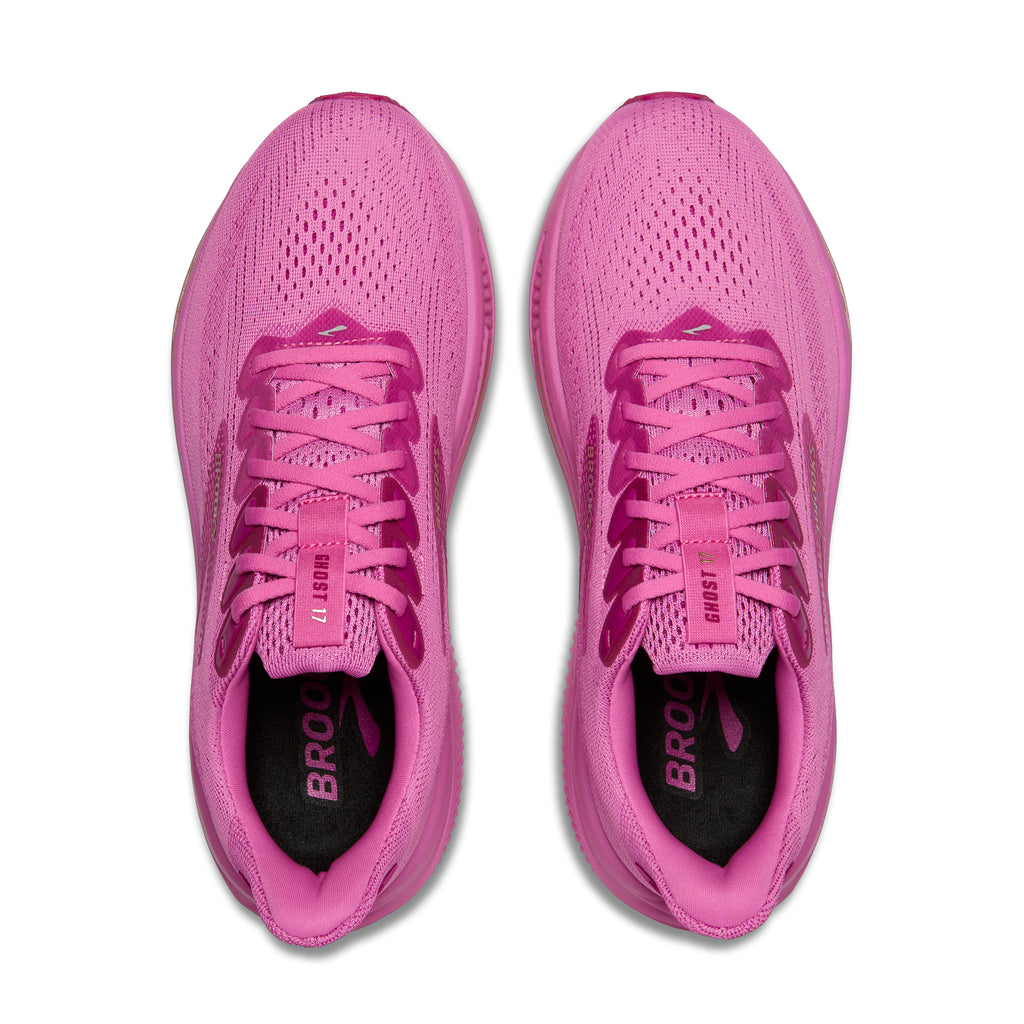 Women's Brooks Ghost 17. Pink upper. Pink midsole. Top view.