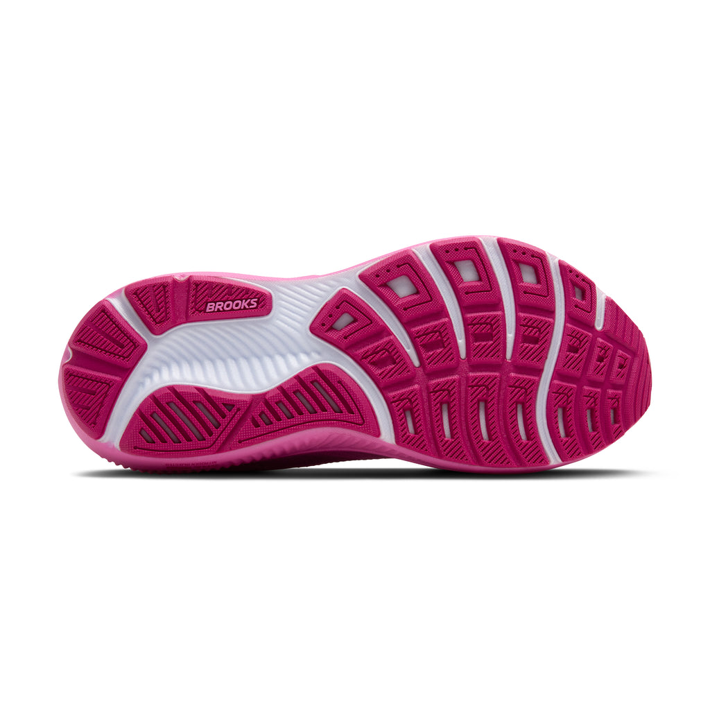 Women's Brooks Ghost 17. Pink upper. Pink midsole. Bottom view.
