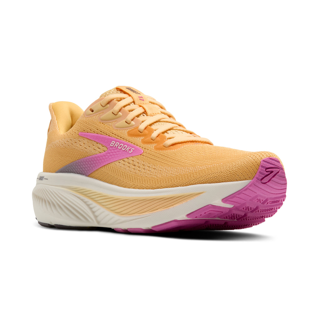 Women's Brooks Ghost 17. Light Orange upper. White midsole. Lateral view.