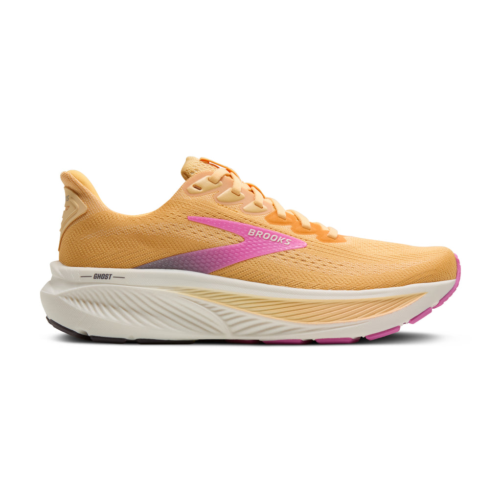 Women's Brooks Ghost 17. Light Orange upper. White midsole. Lateral view.