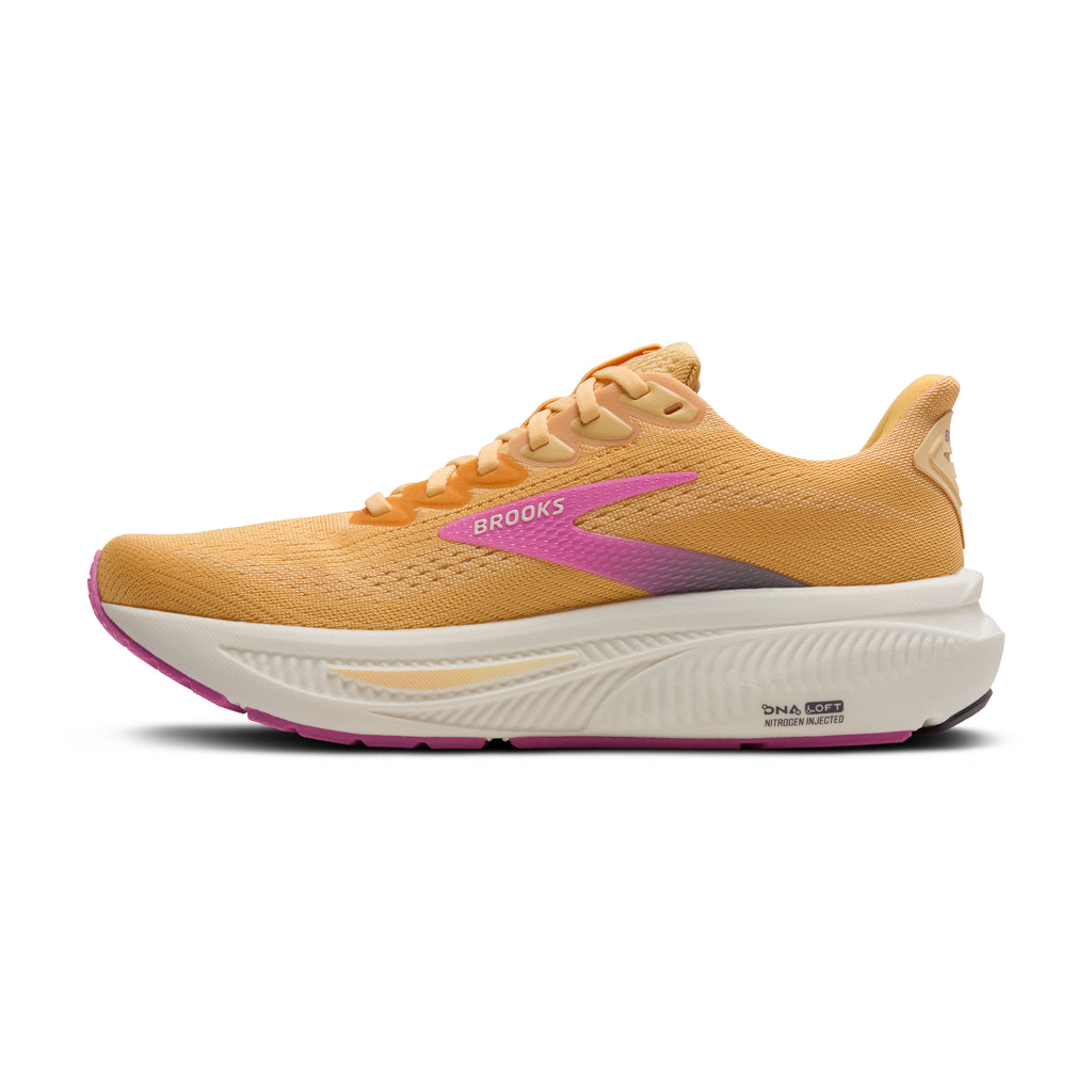 Women's Brooks Ghost 17. Light Orange upper. White midsole. Medial view.