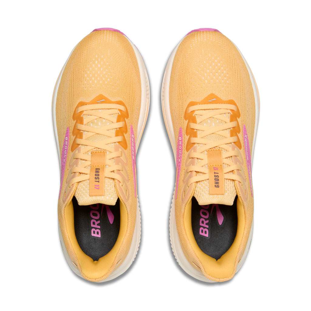 Women's Brooks Ghost 17. Light Orange upper. White midsole. Top view.