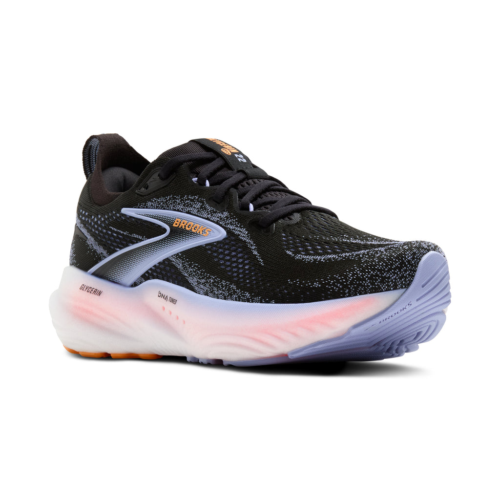 Women's Brooks Glycerin 22. Black upper. White midsole. Lateral view.