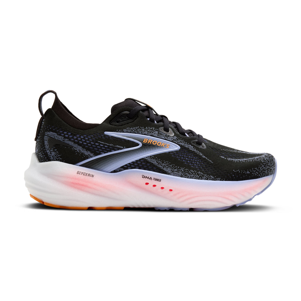 Women's Brooks Glycerin 22. Black upper. White midsole. Lateral view.