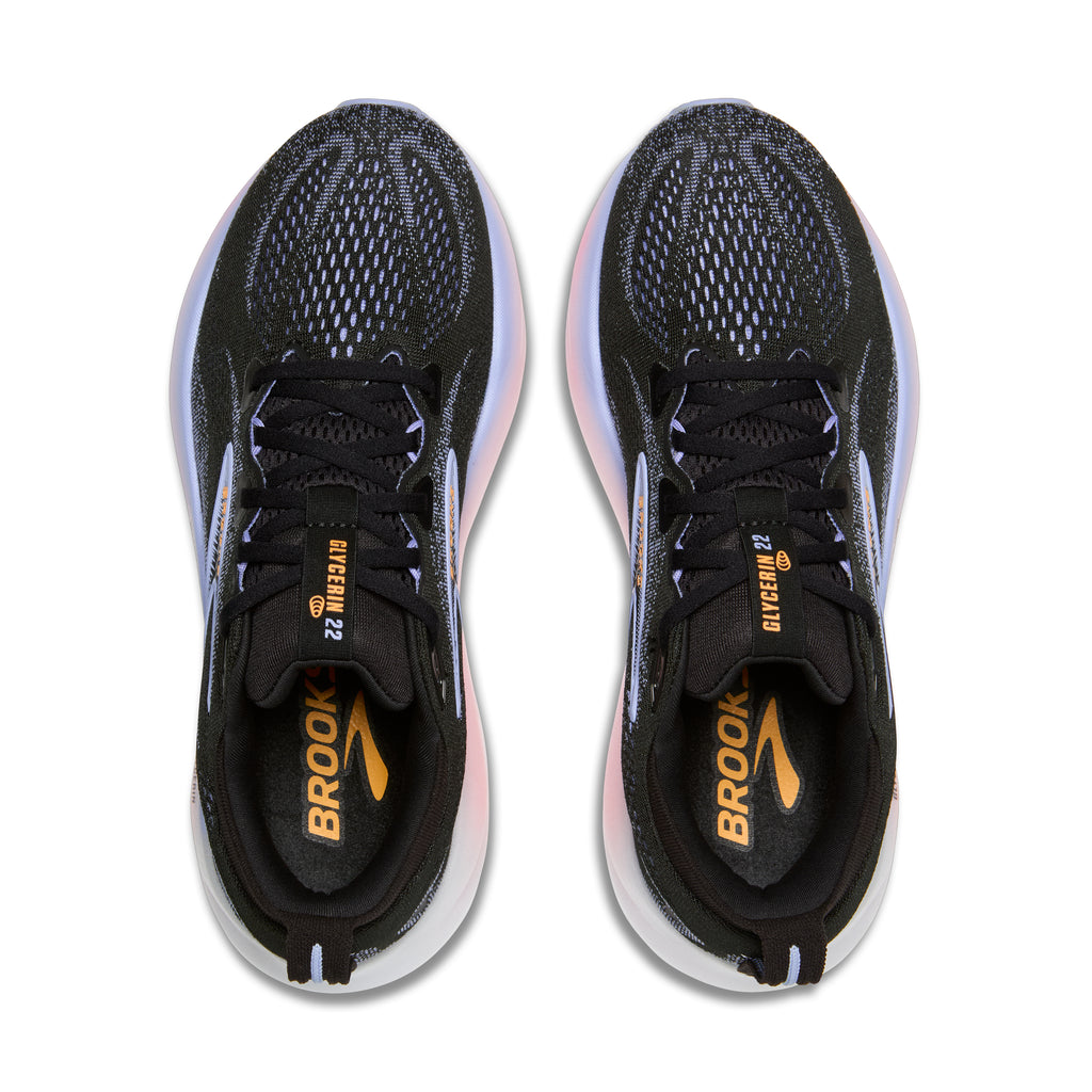 Women's Brooks Glycerin 22. Black upper. White midsole. Top view.