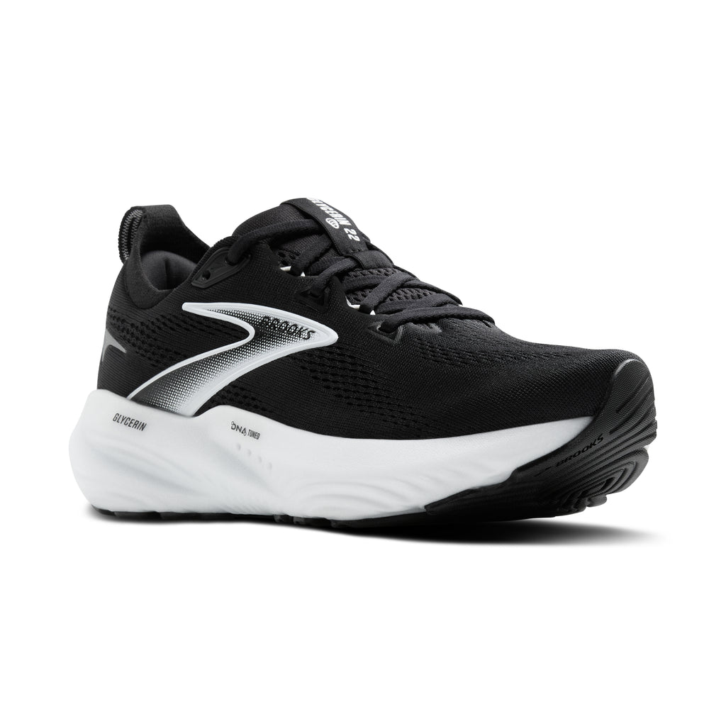 Women's Brooks Glycerin 22. Black upper. White midsole. Lateral view.