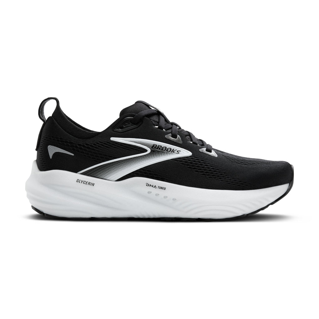 Women's Brooks Glycerin 22. Black upper. White midsole. Lateral view.