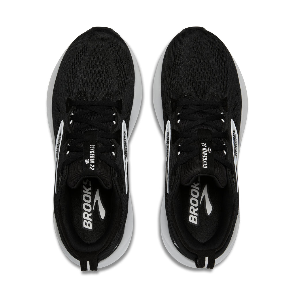 Women's Brooks Glycerin 22. Black upper. White midsole. Top view.