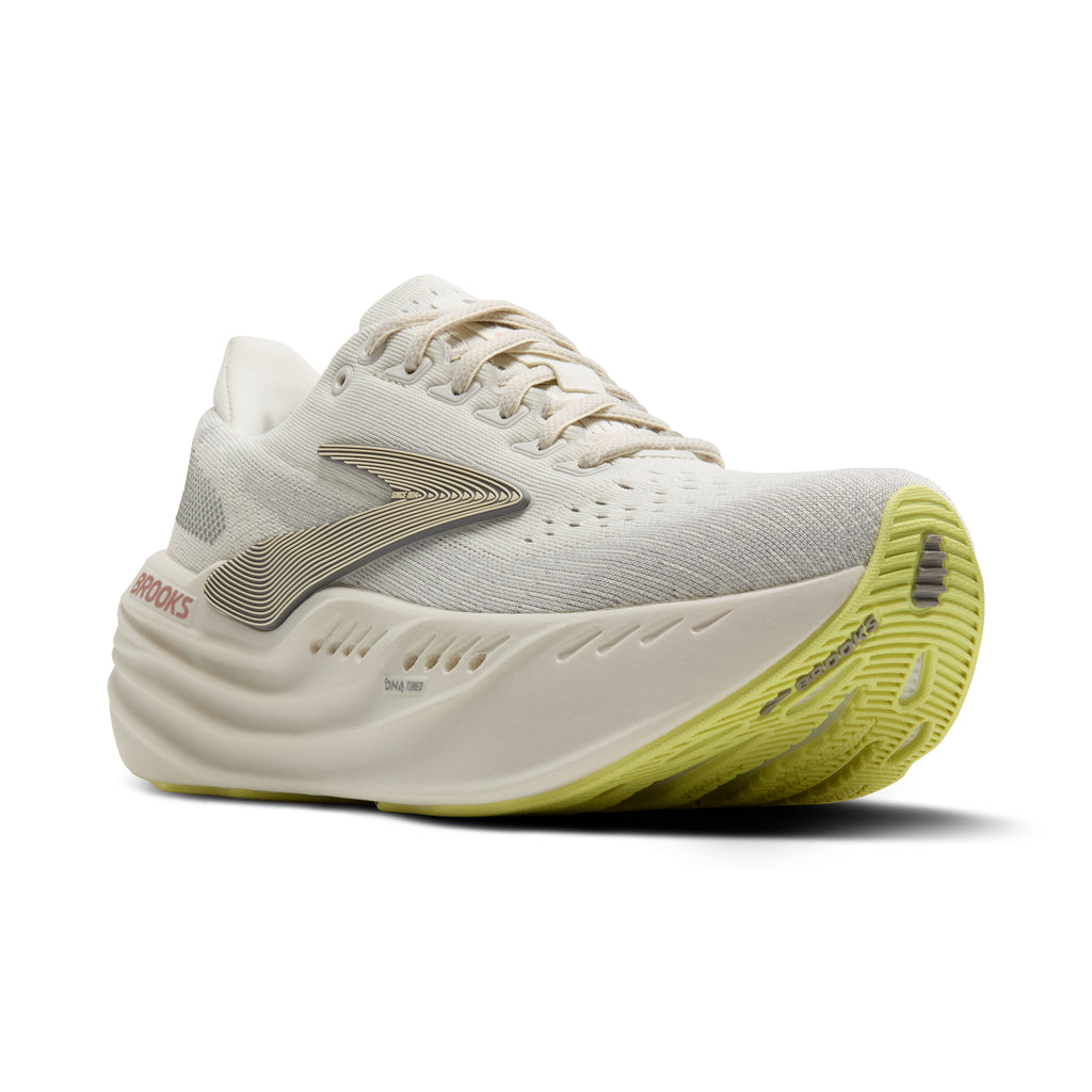 Women's Brooks Glycerin Max. Light Grey upper. Off white midsole. Lateral view.