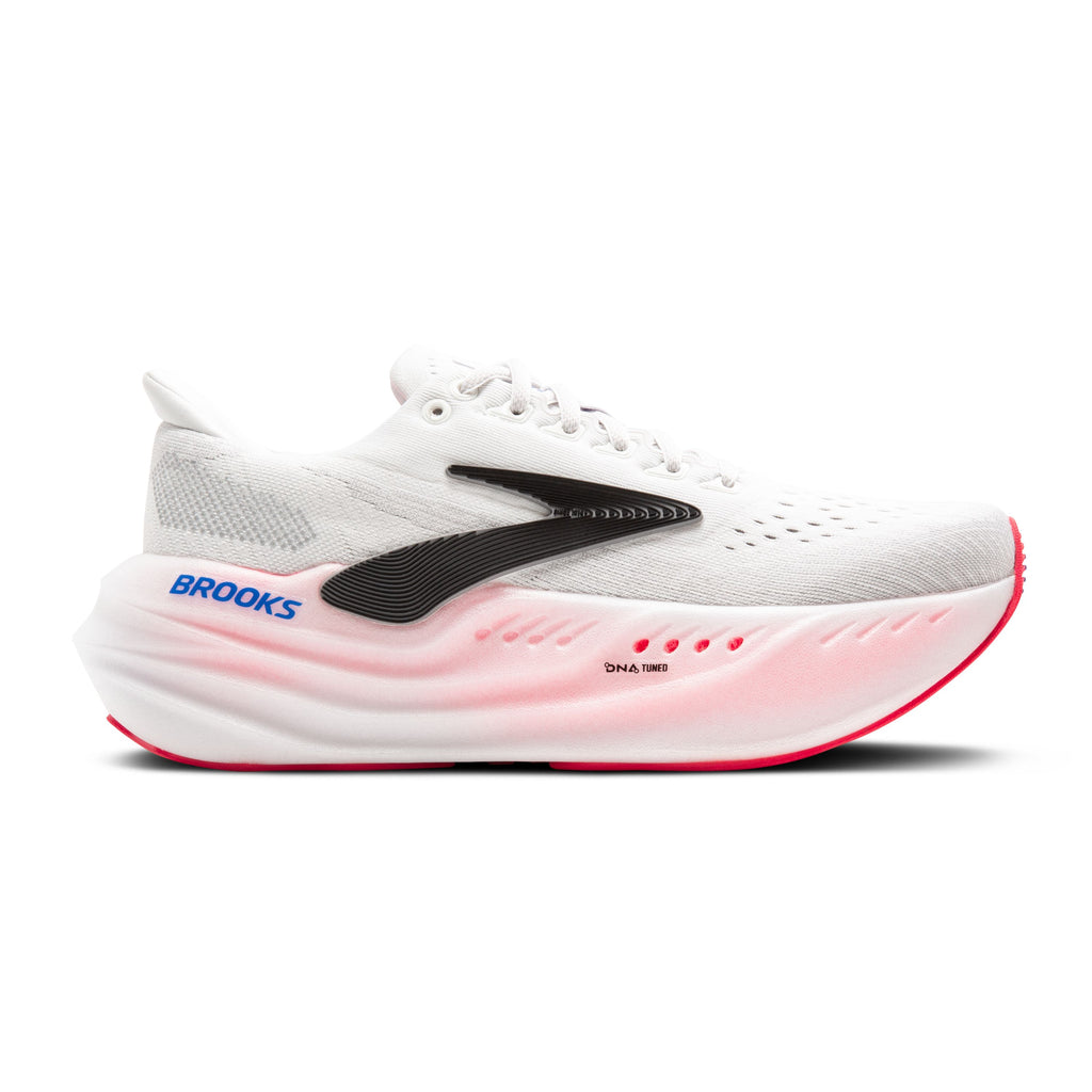 Women's Brooks Glycerin Max. White upper. Light Pink midsole. Lateral view.