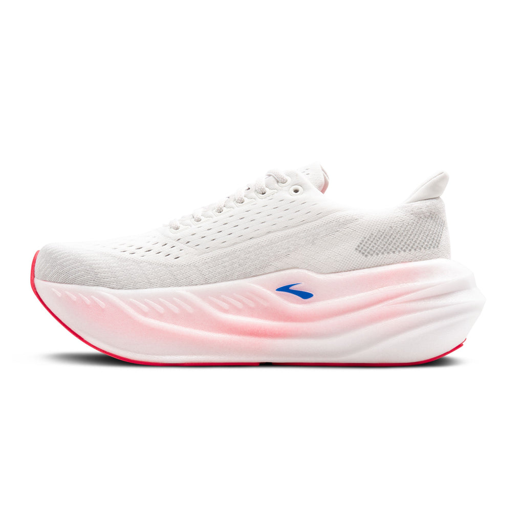 Women's Brooks Glycerin Max. White upper. Light Pink midsole. Medial view.
