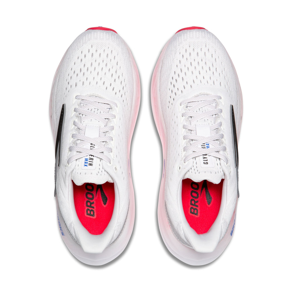 Women's Brooks Glycerin Max. White upper. Light Pink midsole. Top view.