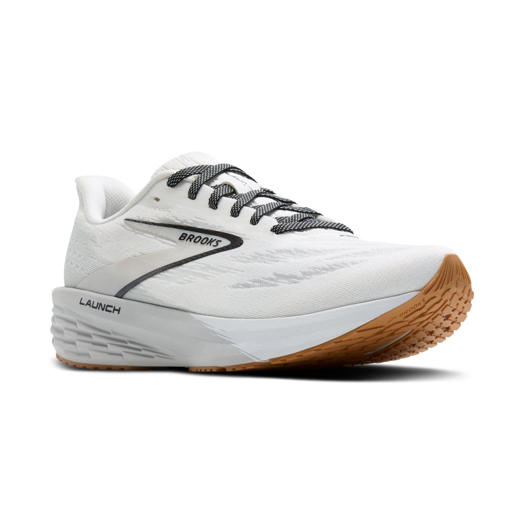 Women's Brooks Launch 11. White upper. White/Grey midsole. Lateral view.
