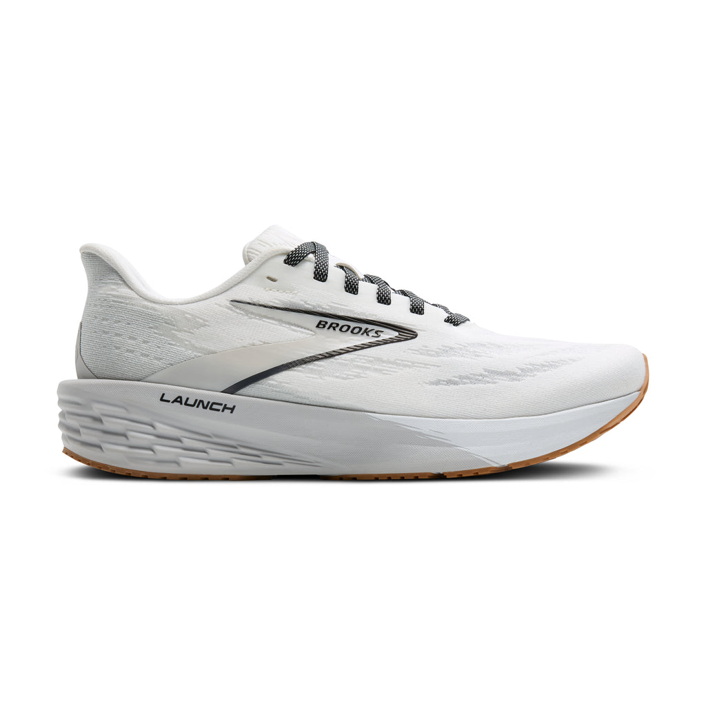 Women's Brooks Launch 11. White upper. White/Grey midsole. Lateral view.