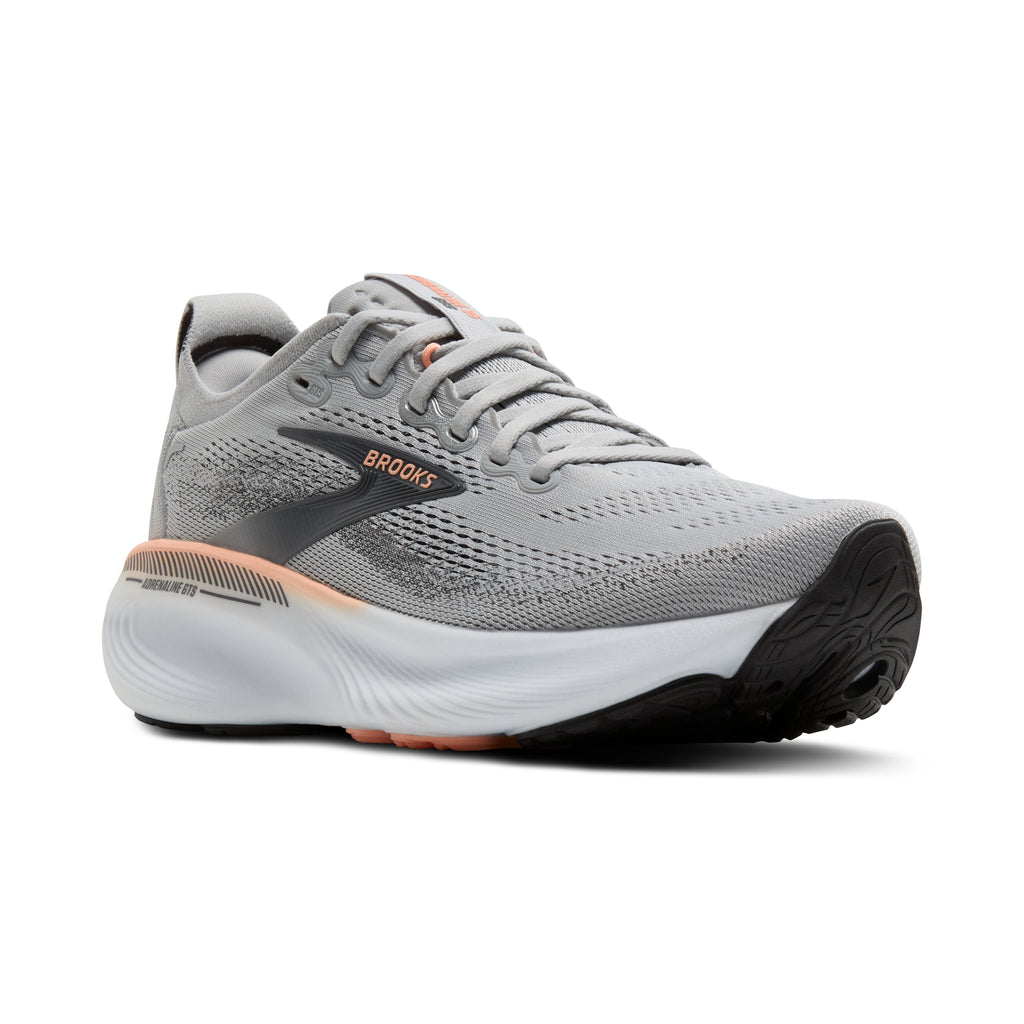 Women's Brooks Adrenaline GTS 25. Grey upper. While midsole. Lateral view.